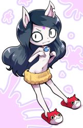 Rule 34 | 1girl, animal ears, bell, black eyes, black hair, cat ears, cat girl, claire (the summoning), collar, eyelashes, eyeliner, facial mark, fangs, flat chest, forehead mark, jibanyan, long hair, makeup, neck bell, nollety, pentagram, purple background, slippers, solo, star (symbol), the summoning, very long hair, youkai watch