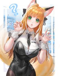 Rule 34 | 1girl, :o, ?, absurdres, animal ear fluff, animal ears, black leotard, black necktie, black pantyhose, blonde hair, blunt bangs, breasts, button gap, claw pose, collarbone, collared shirt, covered navel, curious, detached sleeves, dress shirt, fingernails, fox ears, fox girl, fox tail, green eyes, hair ribbon, hands up, highres, large breasts, leaning to the side, leotard, looking at viewer, necktie, original, pantyhose, partially unbuttoned, paw print, ribbon, shirt, short necktie, solo, strapless, strapless leotard, tail, white shirt, wrist cuffs, xiximie (user uhde8732)