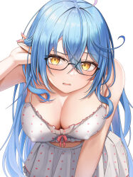 Rule 34 | 1girl, absurdres, ahoge, bare shoulders, bent over, blue hair, blush, breasts, camisole, cleavage, colored tips, covered erect nipples, crop top, crossed bangs, elf, frilled camisole, frills, glasses, hair between eyes, hair ornament, highres, hololive, large breasts, long hair, looking at viewer, micon, multicolored hair, open mouth, pointy ears, polka dot, polka dot camisole, polka dot skirt, skirt, sleepwear, solo, spaghetti strap, streaked hair, virtual youtuber, white camisole, white skirt, yellow eyes, yukihana lamy