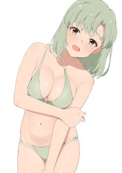 Rule 34 | 1girl, bikini, blush, breast press, breasts, check commentary, collarbone, commentary request, cowboy shot, eyelashes, green bikini, green hair, grey eyes, hand on own arm, highres, idolmaster, idolmaster million live!, looking at viewer, medium breasts, mole, mole under eye, nanakura nanane, navel, open mouth, shiika (idolmaster), short hair, simple background, solo, stomach, sweat, swimsuit, thighs, white background