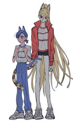 Rule 34 | 2girls, animal ears, bare legs, black shorts, blonde hair, blue eyes, blue hair, blue pants, cat ears, cat girl, cat tail, commentary request, facial mark, fingernails, full body, hands up, height difference, highres, holding another&#039;s tail, jacket, kemonomimi mode, leopard ears, leopard girl, leopard tail, long fingernails, long hair, long sleeves, multiple girls, naotin3333, open clothes, open jacket, open mouth, original, pants, ponytail, red eyes, red jacket, sharp fingernails, shirt, shoes, short shorts, shorts, simple background, sneakers, tail, very long hair, whisker markings, white background, white footwear, white shirt