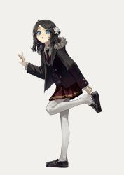 Rule 34 | 1girl, :o, absurdres, adjusting footwear, black coat, black footwear, black hair, black vest, blouse, blue eyes, buttons, coat, collared shirt, commentary, eyebrows hidden by hair, flower, fur-trimmed coat, fur trim, hair flower, hair ornament, hand up, highres, leg up, loafers, looking at viewer, medium hair, necktie, open clothes, open coat, open mouth, original, pantyhose, pleated skirt, red necktie, red skirt, shirt, shoes, simple background, skirt, solo, standing, standing on one leg, swept bangs, teeth, upper body, upper teeth only, vest, white background, white flower, white pantyhose, white shirt, yoon cook
