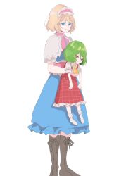 Rule 34 | 2girls, aged down, alice margatroid, ascot, blonde hair, blue dress, blue eyes, boots, capelet, child, closed mouth, collared shirt, dress, frilled hairband, frills, full body, green hair, hairband, highres, kazami yuuka, multiple girls, plaid, plaid skirt, plaid vest, red eyes, red skirt, red vest, shirt, short hair, simple background, skirt, socks, standing, tohoyuukarin, touhou, vest, white background, white capelet, white shirt, white socks, yellow ascot