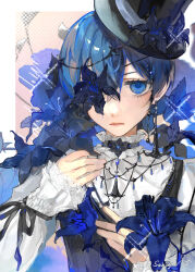 1boy absurdres artist_name bishounen black_choker black_hat black_ribbon black_vest blue_eyes blue_flower blue_hair border character_name choker ciel_phantomhive closed_mouth dark_blue_hair earrings flower flower_over_eye frilled_choker frills hat hat_flower heterochromia highres jewelry jitome kuroshitsuji looking_at_viewer male_focus pink_background ribbon sekuji shirt signature solo sparkle top_hat upper_body vest white_border white_shirt