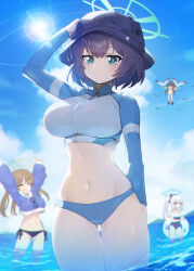 Rule 34 | 4girls, ^ ^, arms up, bikini, black bikini, blue archive, blue bikini, blue hoodie, blue one-piece swimsuit, blue sky, blurry, blurry background, blush, brown hair, bucket hat, closed eyes, cropped hoodie, depth of field, flying, frilled one-piece swimsuit, frills, gluteal fold, groin, halo, hanging, hat, highres, hood, hoodie, innertube, long sleeves, looking at viewer, matsumoto tomoyohi, miyako (blue archive), miyako (swimsuit) (blue archive), miyu (blue archive), miyu (swimsuit) (blue archive), moe (blue archive), moe (swimsuit) (blue archive), multiple girls, navel, official alternate costume, one-piece swimsuit, outstretched arms, ponytail, purple hair, raglan sleeves, rash guard, saki (blue archive), saki (swimsuit) (blue archive), side-tie bikini bottom, sky, solo focus, stomach, sunlight, swim ring, swimsuit, thigh gap, twintails, wading