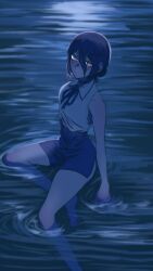 Rule 34 | 1girl, absurdres, blue theme, chainsaw man, choker, hair between eyes, hair bun, haru rice, highres, in water, looking at viewer, monochrome, neck ribbon, open mouth, reze (chainsaw man), ribbon, short hair, shorts, side slit, side slit shorts, single hair bun, sleeveless, solo, wading