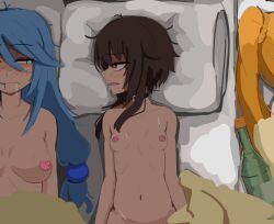 Rule 34 | ..., 3girls, ?, aqua (konosuba), black choker, blanket, blonde hair, blue eyes, blush, bottle, bra strap, breasts, brown hair, choker, collarbone, commentary, completely nude, darkness (konosuba), drooling, drunk, english commentary, from above, futon, groin, hair between eyes, hair in own mouth, half-closed eyes, high ponytail, highres, jitome, kono subarashii sekai ni shukufuku wo!, kurokimoko, long hair, looking at another, looking to the side, lying, medium breasts, megumin, messy hair, motion lines, multiple girls, navel, necktie, nipples, nose blush, nude, on back, on side, out-of-frame censoring, pillow, ponytail, red eyes, red necktie, saliva, short hair, short hair with long locks, side-by-side, sidelocks, small breasts, swept bangs, unamused, upper body, upturned eyes, variant set, wine bottle