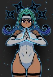 Rule 34 | 1girl, abs, akairiot, aura, breasts, covered navel, dark-skinned female, dark skin, earrings, elbow gloves, eyebrows, facing viewer, fighting stance, fishnet thighhighs, fishnets, flipped hair, floating object, floating weapon, furrowed brow, gloves, green hair, groin, headband, highleg, highleg leotard, jewelry, leotard, long hair, looking at viewer, medium breasts, ninja, original, own hands clasped, own hands together, purple eyes, serious, shuriken, solo, thigh gap, thighhighs, weapon