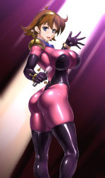 Rule 34 | 10s, 1girl, ass, blue eyes, bodysuit, breasts, brown hair, covered erect nipples, earrings, from behind, g gundam, gundam, gundam build fighters, jewelry, large breasts, legs, long legs, looking back, microphone, mobile trace suit, rain mikamura, rindou (radical dream), shiny clothes, skin tight, skindentation, solo, thick thighs, thighhighs, thighs