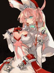 Rule 34 | 1girl, ahoge, ammunition, animal ears, belt, black background, blue eyes, breasts, bridal veil, bullet, cleavage, clover, dress, elphelt valentine, fake animal ears, found modori, four-leaf clover, full-power cartridge, gloves, grey background, guilty gear, guilty gear xrd, hand on own chest, highres, holding, huge ahoge, large breasts, looking at viewer, looking to the side, magnum cartridge, object on breast, pink hair, rabbit ears, rifle cartridge, short hair, simple background, solo, spikes, veil, wedding dress, white dress, white gloves