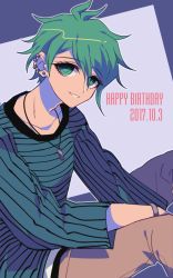 Rule 34 | 1boy, amami rantaro, brown pants, collarbone, commentary request, danganronpa (series), danganronpa v3: killing harmony, dated, ear piercing, earrings, green eyes, green hair, grey background, happy birthday, highres, jewelry, long sleeves, looking at viewer, male focus, necklace, pants, piercing, sasakama (sasagaki01), shirt, short hair, sitting, smile, solo, striped clothes, striped shirt, teeth