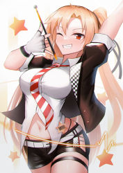 Rule 34 | 1girl, alternate breast size, arm up, azur lane, black jacket, black shorts, breasts, chromatic aberration, cleveland (azur lane), cleveland (muse) (azur lane), commentary request, cowboy shot, fingerless gloves, gloves, grin, hand up, highres, jacket, large breasts, lodbyy, looking at viewer, navel, one eye closed, open clothes, open jacket, puffy short sleeves, puffy sleeves, shirt, short shorts, short sleeves, shorts, smile, solo, standing, star (symbol), thigh strap, thighs, white background, white gloves, white shirt