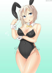 Rule 34 | 10s, 1girl, alternate costume, animal ears, bad id, bad pixiv id, bare shoulders, blue eyes, blush, breasts, cleavage, detached collar, fake animal ears, hamakaze (kancolle), kankitsunabe (citrus), kantai collection, looking at viewer, open mouth, pantyhose, playboy bunny, rabbit ears, rabbit tail, short hair, silver hair, solo, standing, tail, wrist cuffs