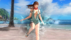Rule 34 | 1girl, 3d, beach, blue sky, breasts, brown eyes, brown hair, cleavage, cloud, dead or alive, dead or alive 5, feet, female focus, large breasts, long hair, matching hair/eyes, nature, neckerchief, ocean, official art, outdoors, overalls, phase-4, plant, sandals, sky, solo, tecmo, toes, tree