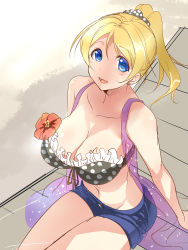 Rule 34 | 10s, 1girl, absurdres, ajishio, arm support, ayase eli, bare shoulders, bikini, bikini top only, blonde hair, blue eyes, breasts, chair, cleavage, denim, denim shorts, flower, frills, front-tie top, hibiscus, highres, huge breasts, looking at viewer, lounge chair, love live!, love live! school idol festival, love live! school idol project, navel, open mouth, ponytail, short shorts, shorts, smile, solo, swimsuit