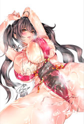 Rule 34 | 1girl, akagi rio, ass, black hair, blush, breasts, cleavage, covered erect nipples, crotch, crotch seam, dripping, highres, huge breasts, leaning back, lips, looking at viewer, melonbooks, naughty face, nipples, orange eyes, original, presenting, pussy, revealing clothes, see-through, simple background, skindentation, spread legs, thick thighs, thighs, tongue, twintails, wet, wet clothes, white background