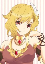 Rule 34 | 1girl, blonde hair, brown dress, citrinne (fire emblem), dress, earrings, feather hair ornament, feathers, fire emblem, fire emblem engage, gold choker, gold trim, hair ornament, hoop earrings, jewelry, leather wrist straps, nintendo, red eyes, solo, sylphy fe, wing hair ornament