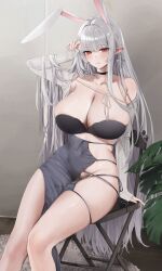 Rule 34 | 1girl, absurdres, animal ears, arm up, asymmetrical clothes, bare shoulders, black bra, black choker, blush, bra, breasts, carpet, choker, cleavage, closed mouth, collarbone, commission, covered navel, gompang 11, grey hair, grey skirt, groin, high-waist skirt, highres, huge breasts, indoors, long hair, long sleeves, looking at viewer, mole, mole under eye, nipple slip, nipples, no panties, original, pointy ears, rabbit ears, red eyes, skindentation, skirt, sleeves past wrists, smile, solo, strapless, strapless bra, underwear, very long hair
