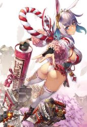 Rule 34 | 1girl, animal ears, antenna hair, ass, black gloves, blue eyes, blue hair, blush, boots, breasts, bridal gauntlets, chinese zodiac, closed mouth, colored inner hair, fake animal ears, from behind, giant, giantess, gloves, happy new year, highres, large breasts, long hair, long sleeves, looking at viewer, looking back, multicolored hair, new year, nishii (damnedrive), original, rabbit, rabbit ears, rabbit girl, ribbon-trimmed legwear, ribbon trim, scroll, sideboob, solo, temple, thighhighs, tiptoes, two-tone hair, white hair, white thighhighs