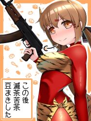 Rule 34 | 1girl, absurdres, alternate costume, bandeau, bodysuit, brown eyes, brown hair, commentary request, cone horns, cowboy shot, gun, hair ornament, hairclip, highres, horns, kantai collection, loincloth, long hair, low twintails, narashika asuka, red bodysuit, rifle, solo, tashkent (kancolle), translation request, turtleneck, twintails, weapon, weapon request