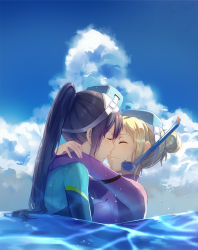Rule 34 | 10s, 2girls, ^ ^, alternate hairstyle, arms around neck, asymmetrical docking, blonde hair, blue hair, bodysuit, breast press, breasts, closed eyes, cloud, cloudy sky, couple, day, diving mask, diving mask on head, diving suit, face-to-face, female focus, goggles, goggles on head, hair bun, hug, imminent kiss, long hair, love live!, love live! school idol festival, love live! sunshine!!, matsuura kanan, medium breasts, multiple girls, ocean, ohara mari, outdoors, partially submerged, ponytail, single hair bun, sky, smile, u u, usamin (megumikira), wet, wet clothes, wetsuit, yuri