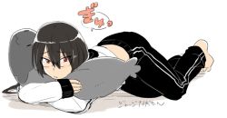 Rule 34 | 10s, 1girl, barefoot, bespectacled, black hair, glasses, hair between eyes, ikeshita moyuko, kantai collection, long hair, lying, nagato (kancolle), hugging object, on stomach, pants, pillow, pillow hug, red eyes, sleeves past wrists, solo, sweater, sweatpants, torpedo, translation request