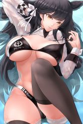 Rule 34 | 1girl, absurdres, animal ears, atago (azur lane), atago (stunning speedster) (azur lane), azur lane, bikini, black bikini, black hair, black thighhighs, breasts, brown eyes, cleavage, commentary request, cowboy shot, extra ears, highres, large breasts, long hair, looking at viewer, miro (0230000), mole, mole under eye, official alternate costume, partially submerged, race queen, ribbon, shrug (clothing), solo, swept bangs, swimsuit, thighhighs, two-tone bikini, water, white ribbon, wrist cuffs