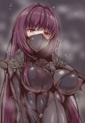 Rule 34 | 1girl, absurdres, armor, bodysuit, breasts, commentary request, covered erect nipples, fate/grand order, fate (series), hair intakes, highres, impossible bodysuit, impossible clothes, large breasts, long hair, mask, mouth mask, ninja mask, pauldrons, purple hair, red eyes, scathach (fate), scathach (first ascension) (fate), schopdehollyhotter, shoulder armor, sidelocks, solo, upper body