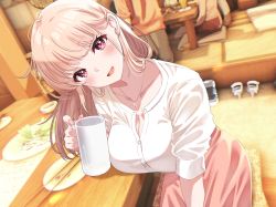 Rule 34 | 1girl, blouse, breasts, chopsticks, cleavage, collarbone, commentary request, commission, cup, drink, earrings, food, head tilt, highres, indoors, jewelry, large breasts, long hair, long sleeves, looking at viewer, motherly, necklace, open mouth, original, pink hair, pink skirt, plate, red eyes, restaurant, shirt, shoes, unworn shoes, siokazunoko, skirt, smile, table