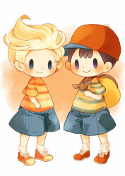 Rule 34 | 2boys, backpack, bag, black hair, blonde hair, blue shorts, blush, brown bag, closed mouth, full body, hitofutarai, lucas (mother 3), male focus, mother (game), mother 2, mother 3, multiple boys, ness (mother 2), nintendo, red footwear, shirt, shoes, short sleeves, shorts, smile, socks, solid oval eyes, striped clothes, striped shirt, white background, white socks