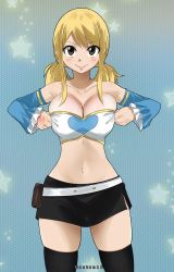 Rule 34 | 1girl, artist name, bare shoulders, belt, belt pouch, black skirt, black thighhighs, blonde hair, blush, breasts, brown eyes, cleavage, collarbone, curvy, detached sleeves, fairy tail, gaston18, highres, large breasts, long hair, low twintails, lucy heartfilia, navel, pouch, skirt, smile, solo, star (symbol), stomach, strapless, tattoo, thick thighs, thighhighs, thighs, tube top, twintails, white belt, wide hips