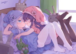 Rule 34 | 2girls, :d, akatsuki (kancolle), anchor symbol, arm up, blue dress, blue eyes, blue hat, blush, breasts, brown legwear, closed mouth, commentary request, curtains, dated, dress, eye contact, feet, hair between eyes, hat, hibiki (kancolle), highres, indoors, kantai collection, legs up, lifebuoy, long hair, looking at another, lying, multiple girls, nightcap, no shoes, on bed, on stomach, open mouth, pantyhose, pillow, pink dress, pink hat, profile, purple eyes, purple hair, rensouhou-chan, short sleeves, signature, silver hair, small breasts, smile, sunlight, swim ring, toes, tsubasa tsubasa, very long hair, white legwear, window, yuri