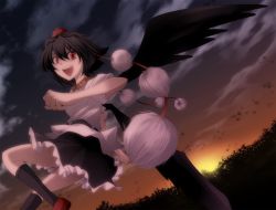 Rule 34 | 1girl, :d, bad id, bad pixiv id, black hair, black wings, female focus, flying, hat, looking at viewer, open mouth, pom pom (clothes), red eyes, shameimaru aya, short hair, smile, solo, sunset, tokin hat, touhou, tsukishiro saika, wings