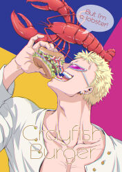 Rule 34 | 1boy, blonde hair, burger, cheese neko3, collarbone, donquixote doflamingo, earrings, eating, english text, food, highres, holding, holding food, jewelry, lobster, long sleeves, male focus, one piece, shirt, short hair, speech bubble, sunglasses, teeth, white shirt