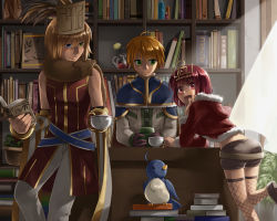 Rule 34 | 1girl, 2boys, alchemist (ragnarok online), animal, animal around neck, bangle, belt, bird, blonde hair, blue belt, blue capelet, blue eyes, book, book stack, bookshelf, bracelet, brown footwear, brown gloves, brown shorts, capelet, closed mouth, commentary request, cowboy hat, crown, cup, curtains, day, desk, detached sleeves, feet out of frame, filir (ragnarok online), fishnet legwear, fishnets, flower, fox, fur-trimmed jacket, fur trim, gloves, green eyes, hair between eyes, hat, heterochromia, holding, holding book, holding cup, indoors, jacket, jewelry, leg up, library, long shirt, long sleeves, looking at another, looking at viewer, looking to the side, multiple boys, natsuya (kuttuki), open mouth, pants, plant, poring, potion, professor (ragnarok online), ragnarok online, red eyes, red hair, red jacket, red shirt, rogue (ragnarok online), shirt, short hair, short shorts, shorts, sitting, sleeveless, sleeveless shirt, smile, standing, teacup, white pants, white shirt, white sleeves, yellow sleeves
