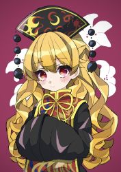 Rule 34 | 1girl, aji (pokedegi), black dress, black headwear, blonde hair, blush, closed mouth, commentary request, dress, floral background, headdress, highres, junko (touhou), long hair, looking at viewer, own hands together, pink background, red eyes, ribbon, simple background, sleeves past wrists, smile, solo, tabard, touhou, upper body, wavy hair, wide sleeves, yellow neckwear, yellow ribbon