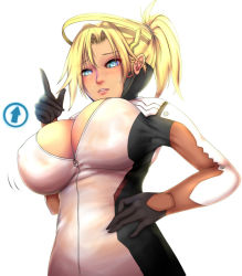 Rule 34 | 1girl, blonde hair, blue eyes, blush, breasts, cleavage, covered erect nipples, hand on own hip, large breasts, mercy (overwatch), nikuku (kazedesune), overwatch, overwatch 1, parted lips, ponytail, simple background, solo, sweatdrop, upper body, white background