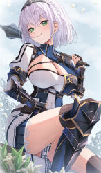 Rule 34 | 1girl, absurdres, arm guards, armor, black gloves, black hairband, black thighhighs, blue sky, blush, braid, breasts, cleavage, closed mouth, covered navel, day, fingerless gloves, gloves, green eyes, grey hair, hairband, highres, holding, holding mace, holding weapon, hololive, iroha (unyun), large breasts, looking at viewer, mace, mole, mole on breast, outdoors, petals, shin guards, shirogane noel, shirogane noel (1st costume), short hair, shoulder armor, side braid, sitting, sky, smile, solo, thighhighs, thighs, virtual youtuber, weapon