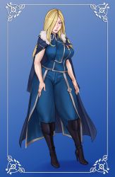 Rule 34 | 1girl, blonde hair, blue background, blue hair, blush, boots, breasts, closed mouth, coat, coat on shoulders, full body, fullmetal alchemist, fur collar, gradient background, hair over one eye, high heel boots, high heels, highres, knee boots, large breasts, lips, lm (legoman), long hair, looking at viewer, military, military uniform, olivier mira armstrong, pants, shunori, simple background, solo, standing, uniform