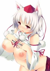 Rule 34 | 1girl, animal ears, blush, breasts, clothes pull, detached sleeves, hat, highres, inubashiri momiji, large breasts, navel, nipples, open mouth, red eyes, short hair, silver hair, simple background, skirt, skirt pull, solo, tokin hat, touhou, white background, wolf ears, yamagara tasuku