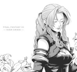 Rule 34 | 1girl, aerith gainsborough, aerith gainsborough (rosy battle suit), black bodysuit, bodysuit, braid, breasts, closed eyes, closed mouth, commentary, detached sleeves, final fantasy, final fantasy vii, final fantasy vii ever crisis, flower, greyscale, highres, hitsuji merry, holding, holding flower, light smile, lily (flower), long hair, medium breasts, monochrome, official alternate costume, parted bangs, screentones, sidelocks, single braid, solo, symbol-only commentary, upper body, wavy hair, white background