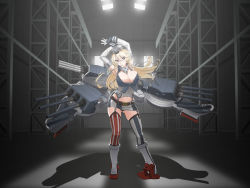 Rule 34 | 10s, 1girl, american flag legwear, anchor hair ornament, arched back, arms up, asymmetrical legwear, bad id, bad pixiv id, blonde hair, blue eyes, boots, breasts, chain, collar, contrapposto, corset, elbow gloves, front-tie top, full body, garter straps, gloves, gluteal fold, gorget, hair ornament, hangar, highres, iowa (kancolle), kantai collection, large breasts, licking lips, long hair, looking at viewer, miniskirt, mismatched legwear, navel, ooku, panties, rudder footwear, shadow, skirt, solo, standing, star-shaped pupils, star (symbol), symbol-shaped pupils, thighhighs, tongue, tongue out, tsurime, turret, underwear