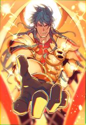 Rule 34 | 1boy, absurdres, armor, bloom, closed mouth, dark-skinned male, dark skin, earrings, fate/grand order, fate (series), glowing, glowing armor, gold armor, highres, jewelry, koryuu (gackter10), long hair, male focus, outstretched hand, red eyes, romulus quirinus (fate), smile, solo, sparkle