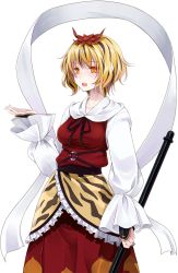 Rule 34 | 1girl, blonde hair, breasts, crote, female focus, frills, hair ornament, highres, holding, long sleeves, multicolored hair, open mouth, orange eyes, polearm, puffy sleeves, shawl, short hair, solo, toramaru shou, touhou, transparent background, two-tone hair, weapon
