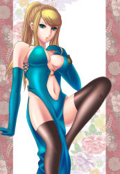Rule 34 | 1girl, adapted costume, alternate costume, bad id, bad pixiv id, bare shoulders, blonde hair, breasts, dress, elbow gloves, gloves, green eyes, highres, kukua (mosushi), large breasts, long hair, metroid, navel, nintendo, o-ring, o-ring top, ponytail, samus aran, smile, solo, super smash bros., thighhighs, wristband