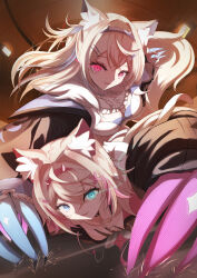 Rule 34 | 2girls, animal ear fluff, animal ears, belt collar, black collar, black jacket, blonde hair, blue eyes, blue hair, breasts, cleavage, cleavage cutout, clothing cutout, collar, cropped jacket, cropped shirt, ddog (ddog39), dog ears, dog girl, dog tail, dress, fake claws, fang, fur-trimmed jacket, fur trim, fuwawa abyssgard, fuwawa abyssgard (1st costume), glowing, glowing eyes, hair ornament, hairpin, headphones, headphones around neck, highres, hololive, hololive english, jacket, large breasts, long hair, looking at viewer, medium hair, mococo abyssgard, mococo abyssgard (1st costume), multicolored hair, multiple girls, open mouth, pink eyes, pink hair, shirt, siblings, sisters, small breasts, smile, streaked hair, tail, twins, two side up, virtual youtuber, white dress, white shirt, x hair ornament