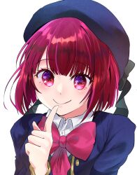 Rule 34 | 1girl, arima kana, beret, blue hat, blue jacket, bow, closed mouth, collared shirt, commentary request, finger to mouth, hat, highres, jacket, oshi no ko, pink bow, red eyes, red hair, school uniform, shirt, short hair, simple background, smile, solo, unajuu 10