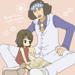 Rule 34 | 1boy, 1girl, aged down, between legs, black hair, blue shirt, book, brown eyes, buttons, child, collared shirt, dress, english text, head tilt, kuzan (aokiji), lips, long sleeves, looking at another, looking down, necktie, nico robin, one piece, open book, out of character, pants, reading, shirt, shoes, short hair, sitting, sleep mask, sleeveless, sleeveless dress, smile, vest, wariza, white footwear, white pants, yukke