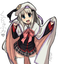 Rule 34 | 1girl, blue eyes, bow, buttons, cape, fang, hat, large buttons, little busters!, noumi kudryavka, pink bow, plaid, plaid skirt, rkrk, silver hair, skirt, solo, thighhighs, zettai ryouiki