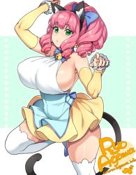 Rule 34 | 1girl, agawa ryou, animal ears, arm up, artist name, bad id, bad tumblr id, bare shoulders, bow, breasts, cat ears, cat tail, green eyes, hair bow, huge breasts, long hair, looking at viewer, parted lips, pink hair, sideboob, solo, tail, thighs, watermark, web address
